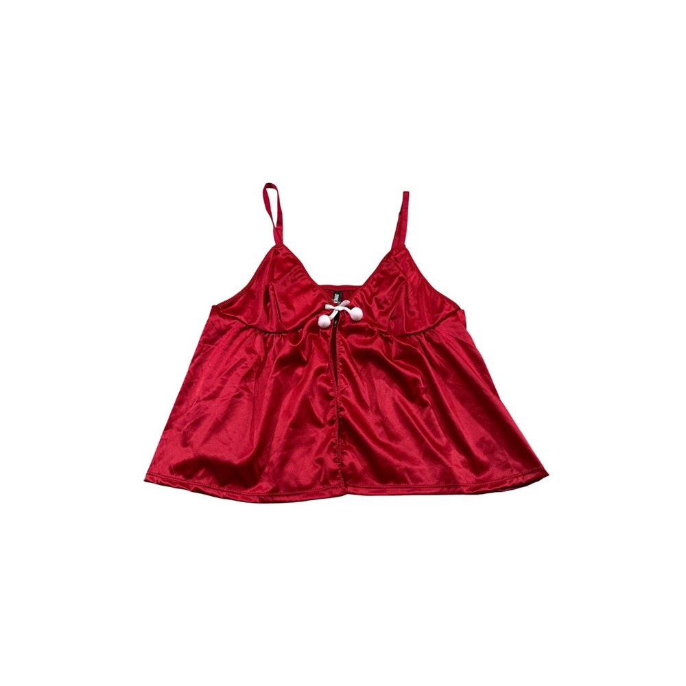 Steve Madden Satin Babydoll Camisole Top Red Pom Pom Bow Lingerie Romantic Y2K M